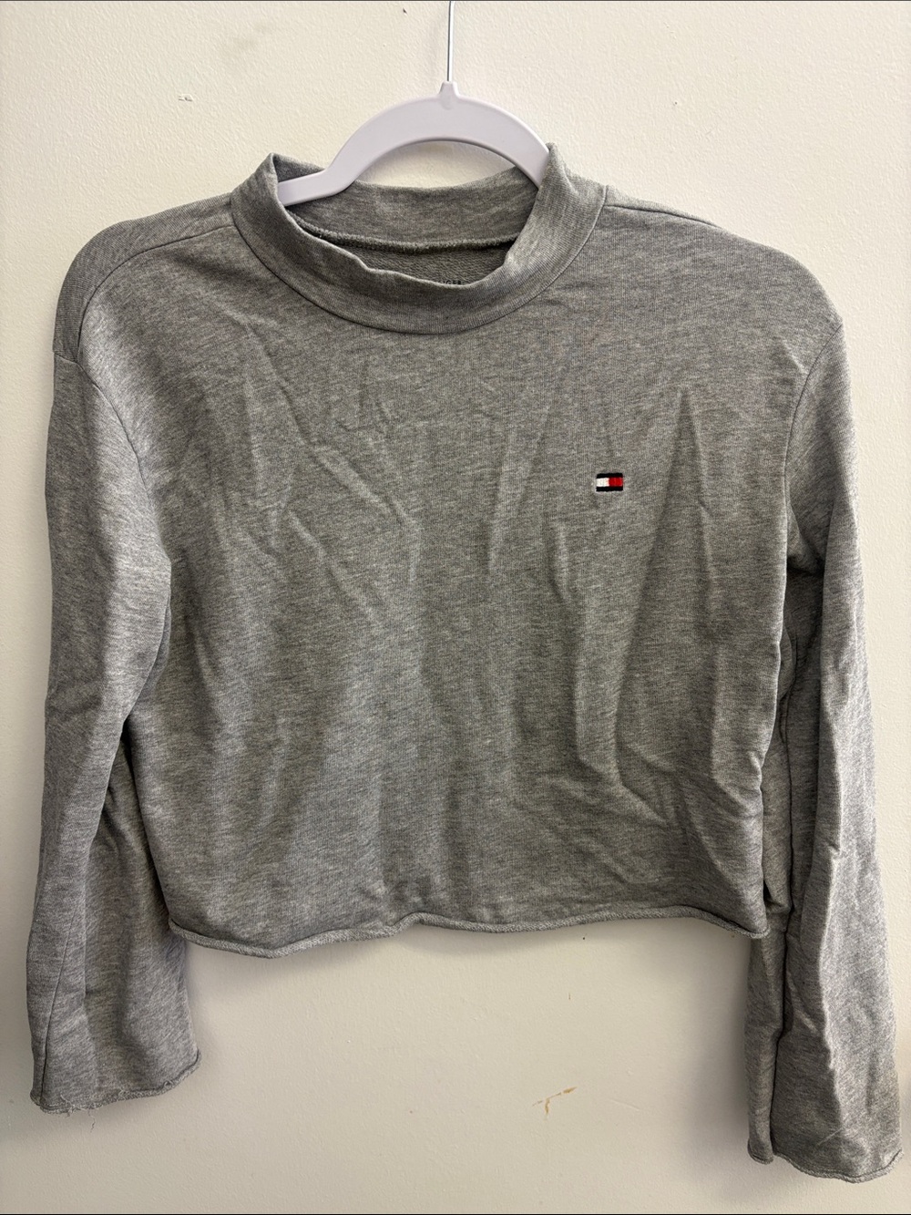 Tommy Hilfiger Gray Cropped Mock Neck Long-Sleeve Top with Flag Logo